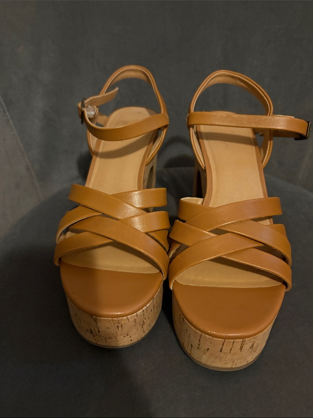 Crown Vintage Women’s Tan Cork Platform Sandals with Ankle Strap